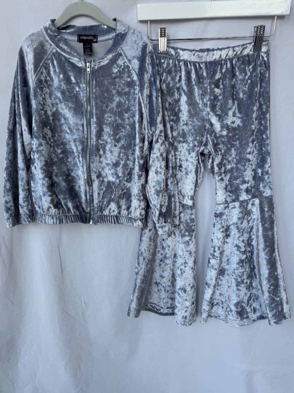 Y2K Silver Crushed Velvet Flare Pants Jacket Set Girls 6 Made USA